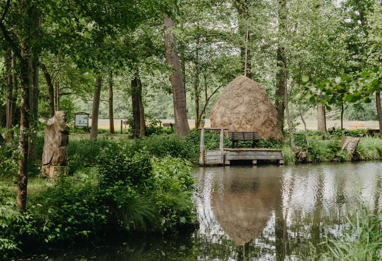 Spreewald Fließ mit Heuschober der sich im Wasser spiegelt