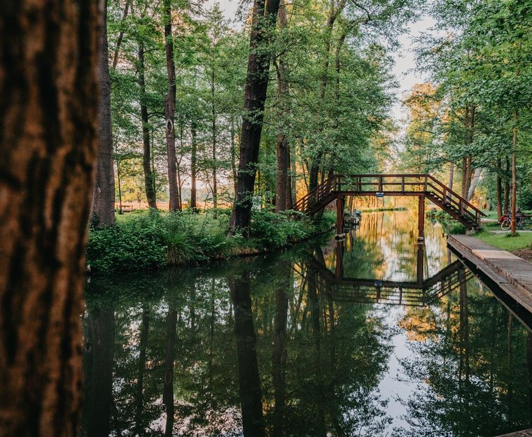 Spreewald Fließ mit Brücke und Steg bei Sonnenuntergang