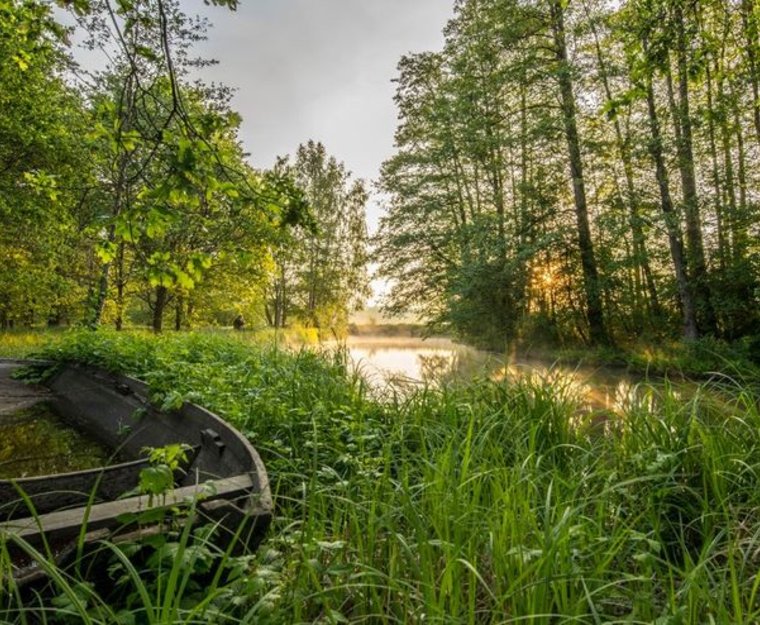 Fließ mit Boot am Rand