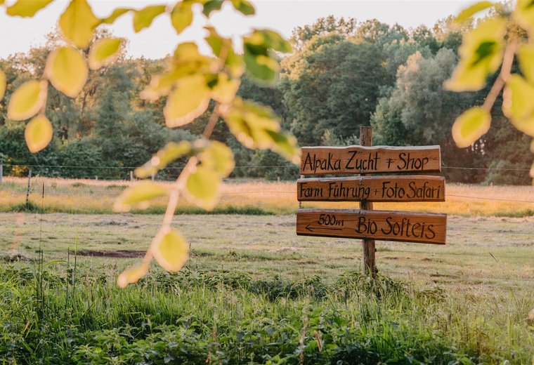 Holzschild mit Entfernungsangaben auf Feld