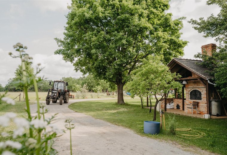 Traktor fährt über Feldweg rechts ein Haus und großer Baum