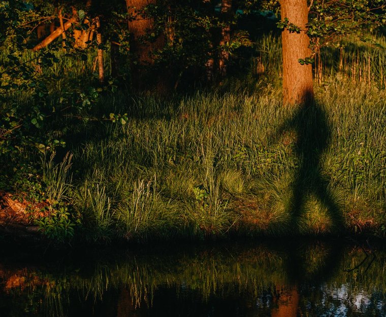 Person wirft Schatten auf gegenüberliegendes Ufer bei Sonnenuntergang